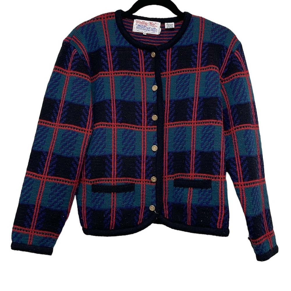 Vintage TALLY-HO Cardigan Sweater Coatigan Tartan Plaid Holiday Size Medium M